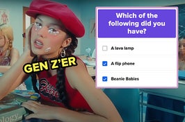 Olivia Rodrigo sitting at a school desk in the Brutal music video with Gen Z'er typed under her face and a screenshot of the question which of the following did you have placed next to her head