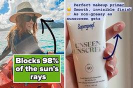 L: a reviewer wearing a sunhat and text reading "Blocks 98% of the sun's rays", R: a reviewer hand holding a bottle of Supergoop! Sunscreen and text reading "Perfect makeup primer. Smooth, invisible finish. As non-greasy as sunscreen gets"