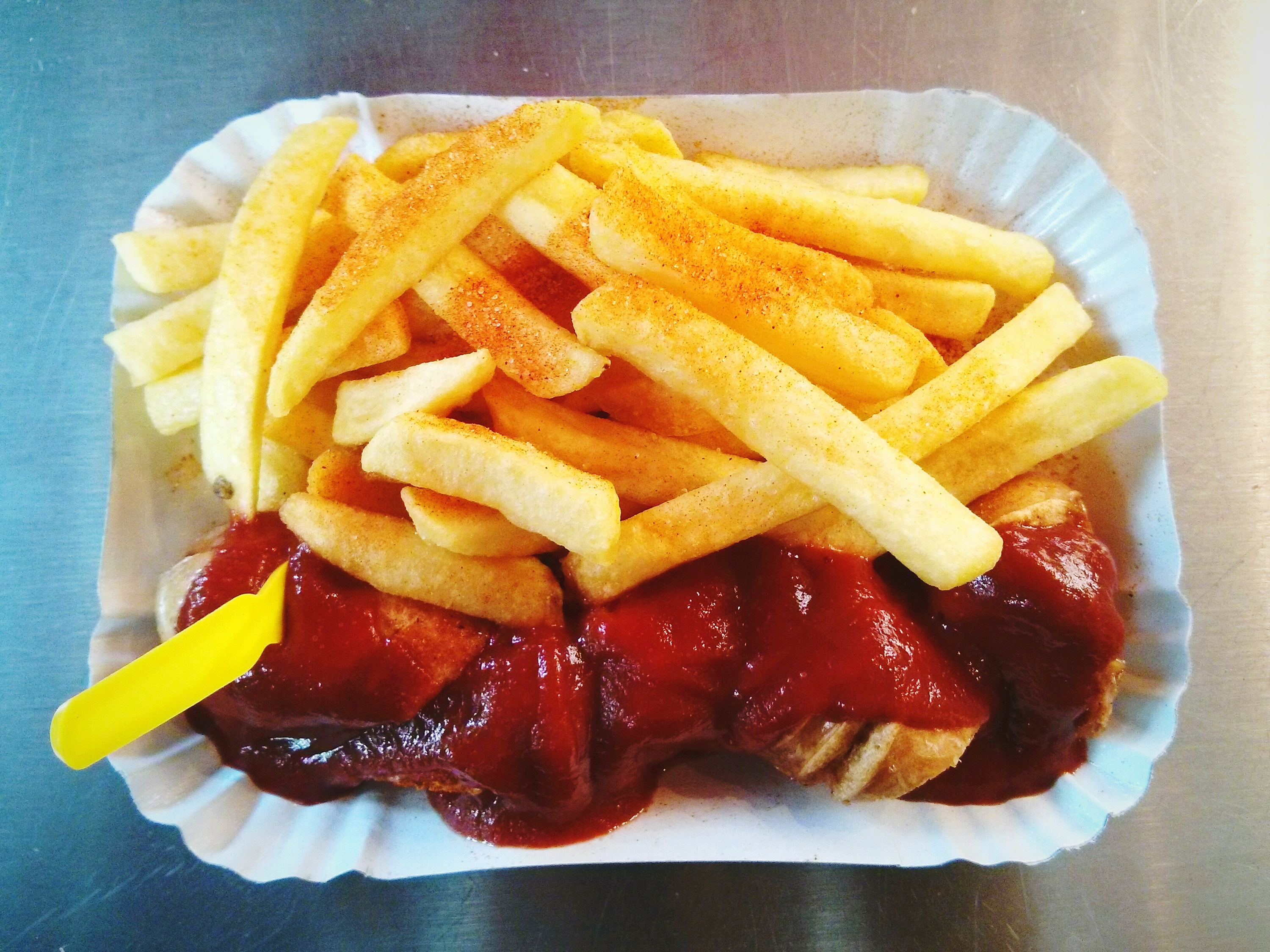 Currywurst and French fries.