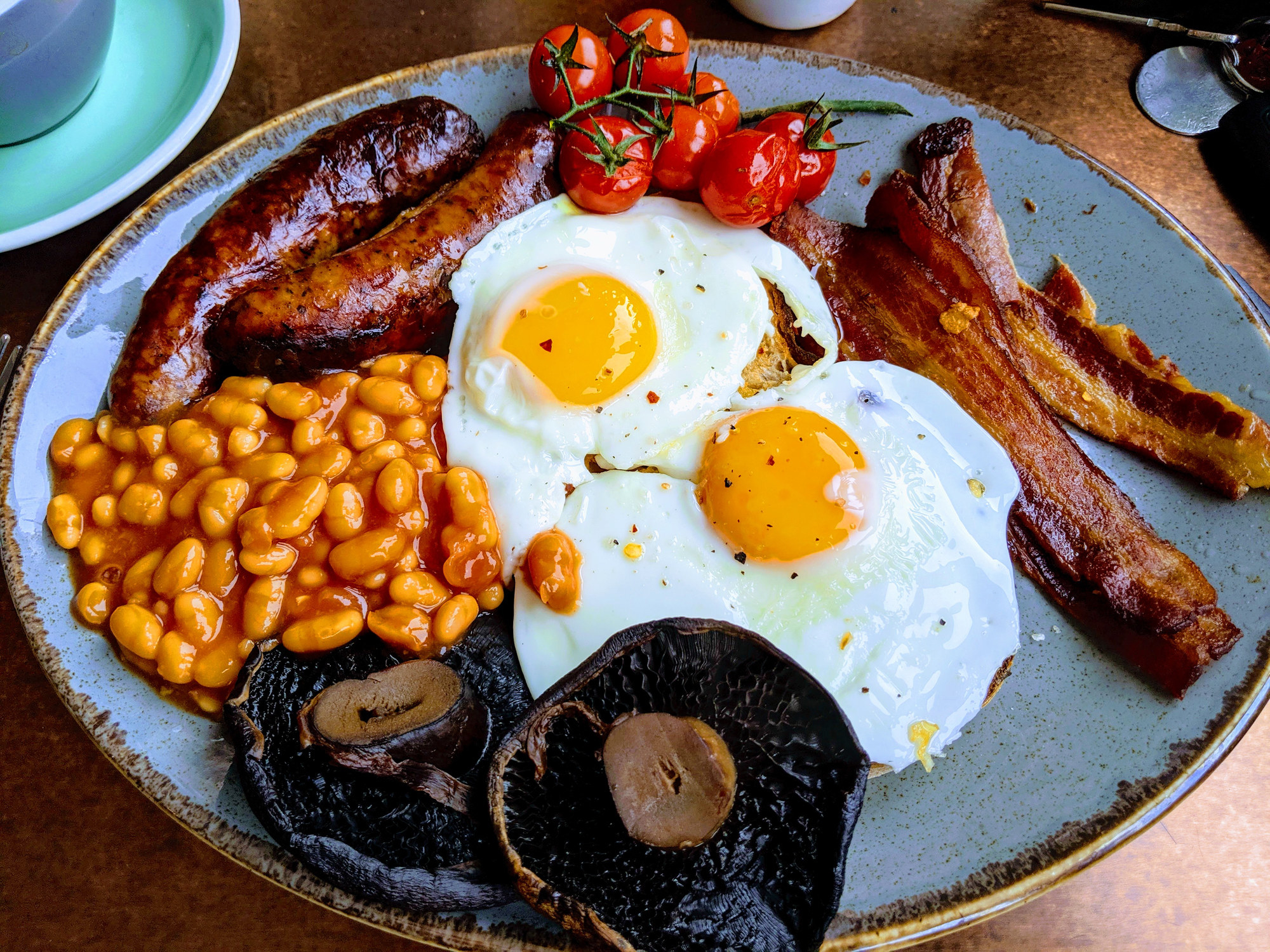 English breakfast with lots of meat and eggs.