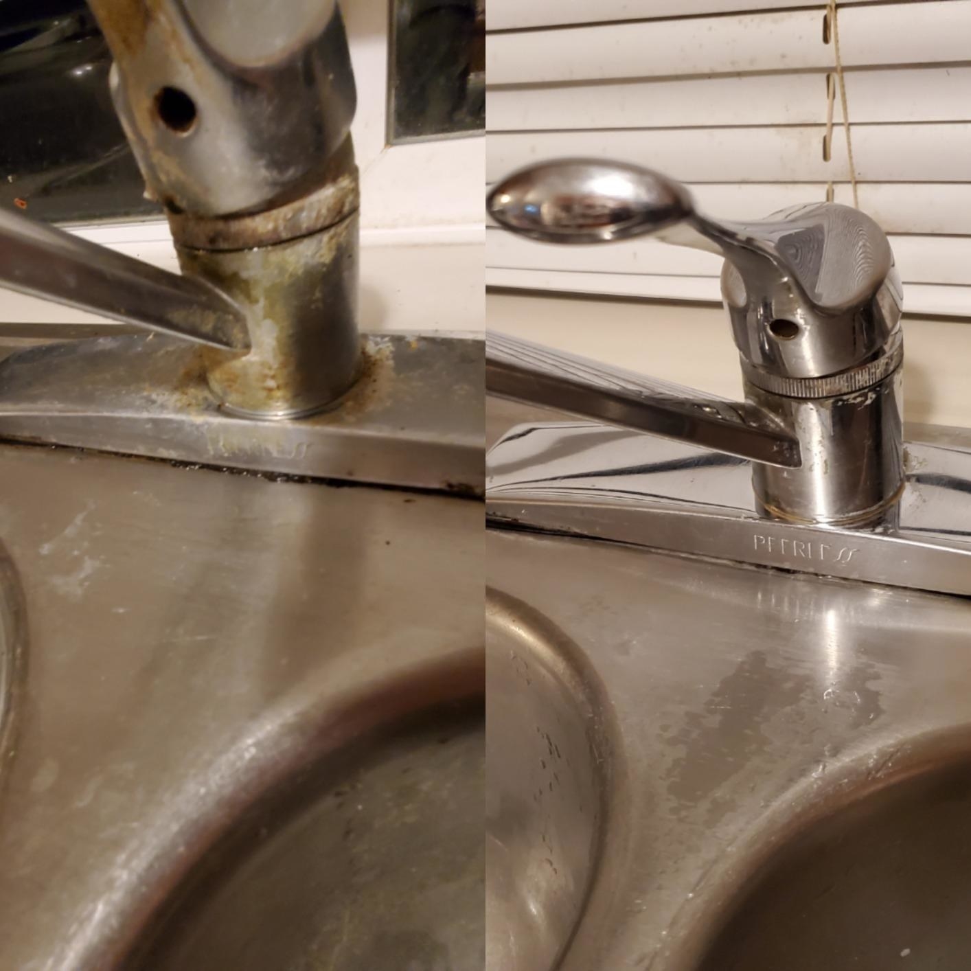 a reviewer photo of a before and after of a faucet. the first photo has significant buildup, and the second photo is perfectly clean.