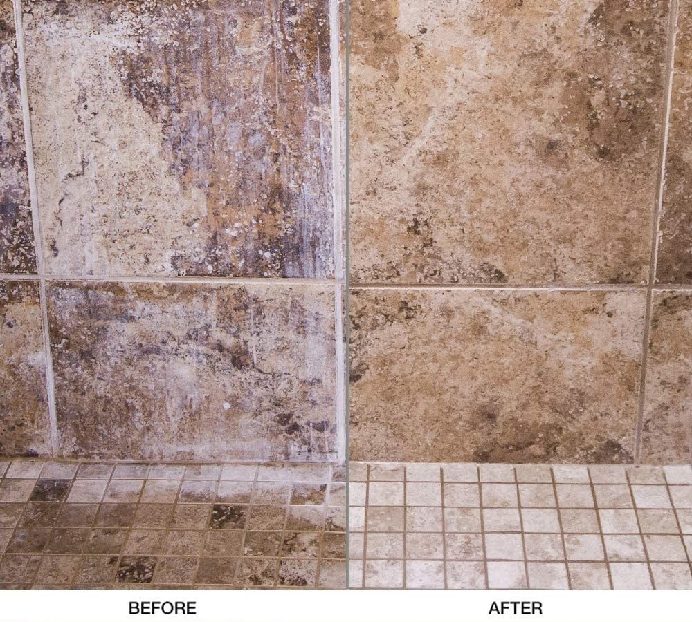 a before and after of a stained tile wall that is completely clean in the after shot