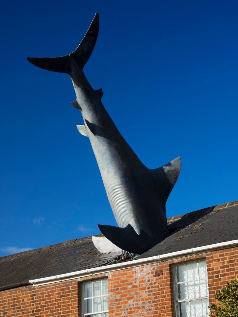 sculpture of a shark crashing into someone&#x27;s home