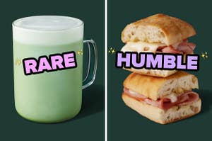 On the left, a matcha latte from Starbucks labeled rare, and on the right, a ham and cheese sandwich from Starbucks labeled humble