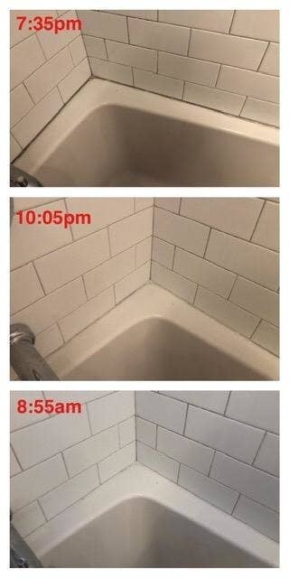 a reviewer photoset with three timestamped images showing how quickly the gel worked on the corner of a tub