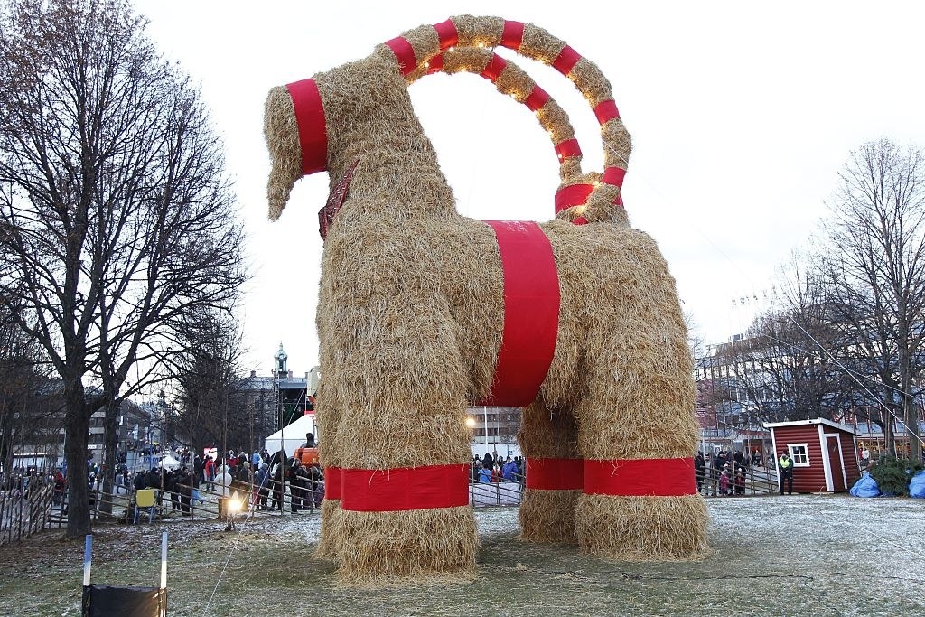 giant goat sculpture made out of hay