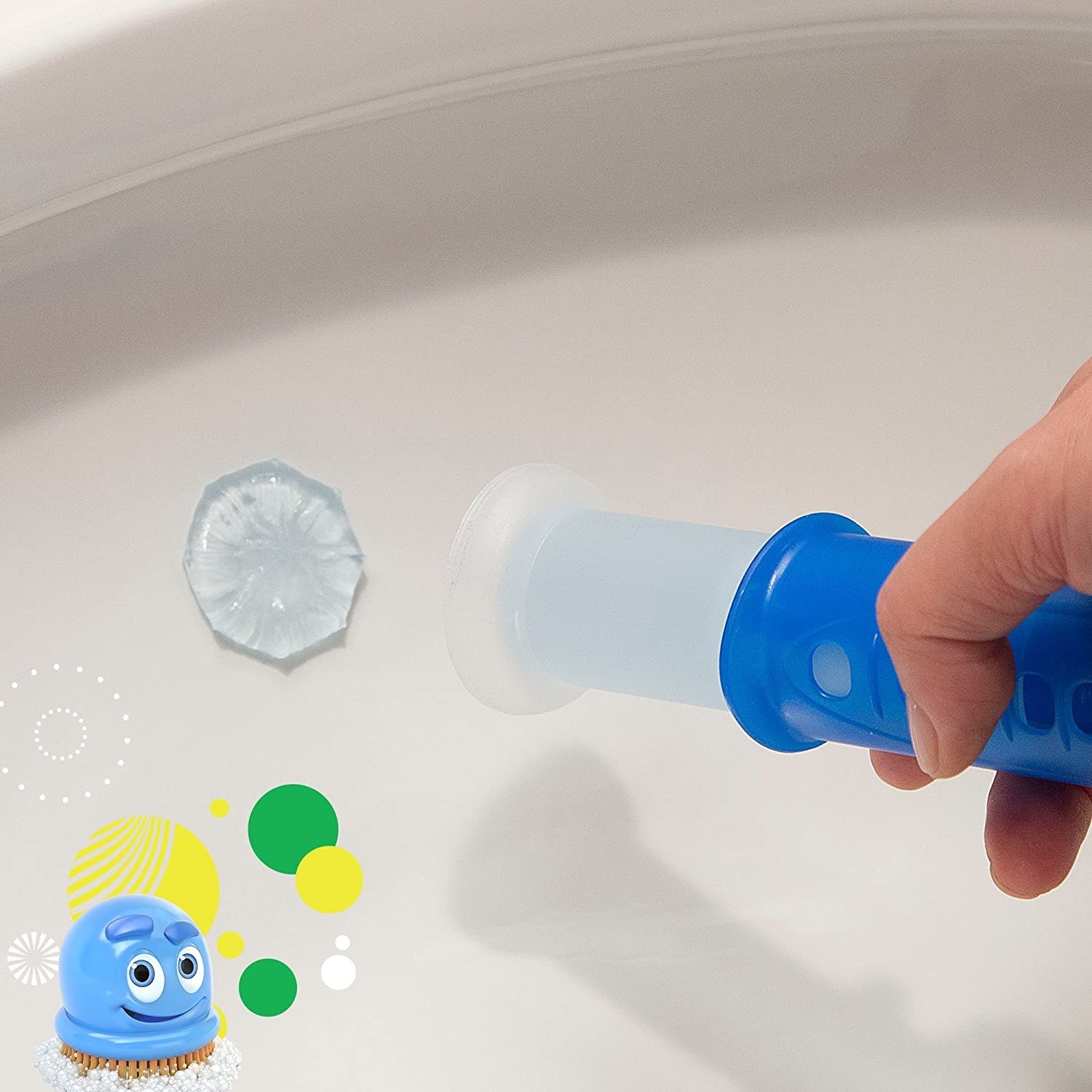 a photo of a model applying the gel stamp to a toilet bowl, with the scrubbing bubbles mascot in the corner
