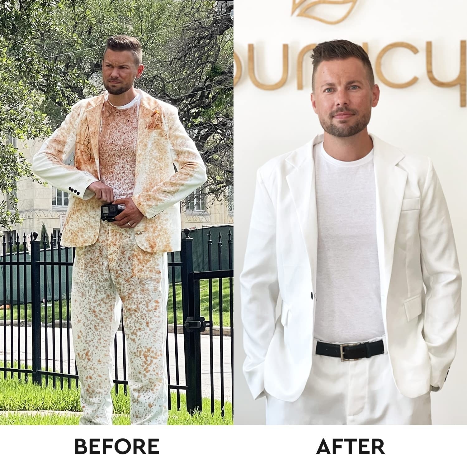 a before and after photo of a model wearing a very stained white suit and then the same, cleaned suit