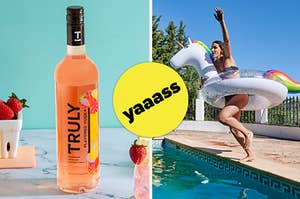Truly strawberry lemonade flavored vodka versus woman jumping into pool with unicorn inner tube
