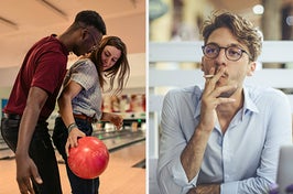 a couple bowling and a person smoking a cigarette