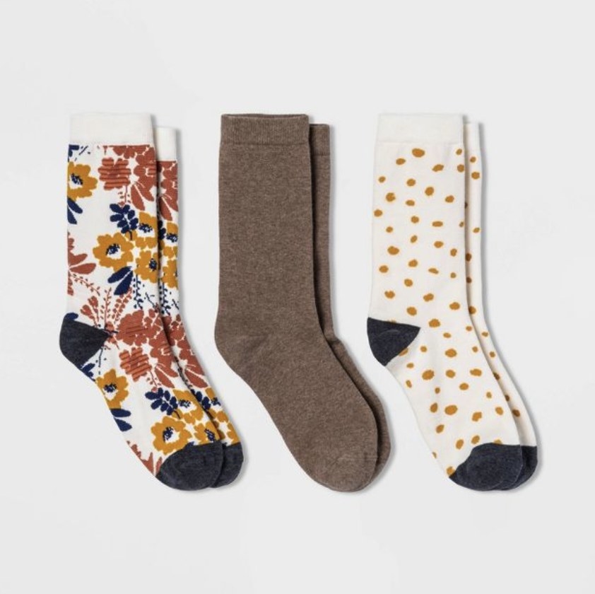 There are floral, dotted and solid colored socks