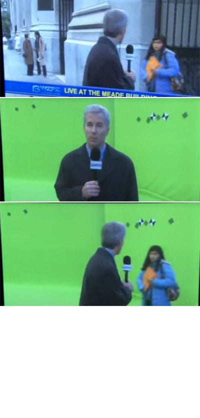 A news reporter in a NYC scene turning to Betty and the same news reporter in front of a green screen turning to her
