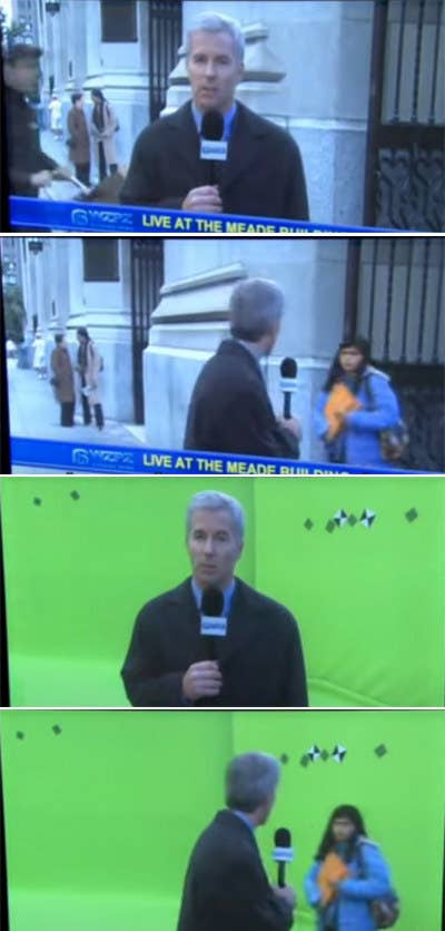 A news reporter in a NYC scene turning to Betty and the same news reporter in front of a green screen turning to her