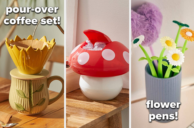 pour-over coffee set, mushroom trash bin, flower pens 