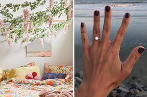 On the left, a bed covered in throw pillows and blankets with fake flower vines hanging above it, and on the right, someone showing off their diamond engagement ring