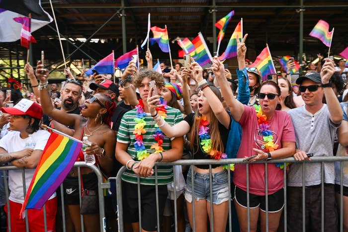 A crowd of people standing behind a barricade shout and wave pride flags