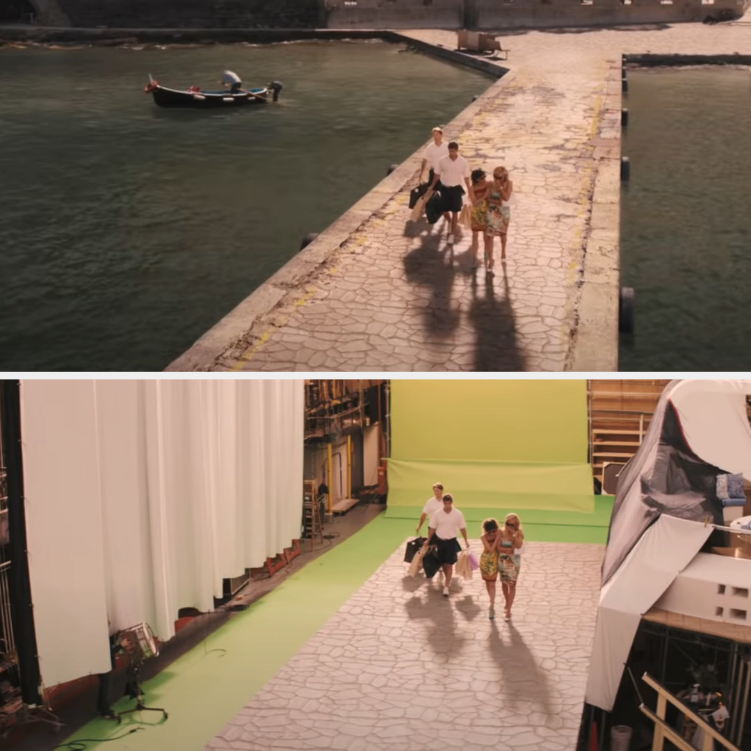 The pier scene, surrounded by water, and the actual filming with a green screen in a long hallway