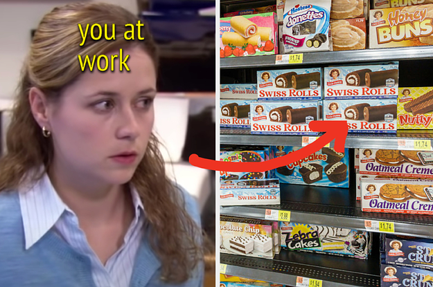 Pam is on the left labeled, "you at work" with an arrow pointing at Little Debbie cakes