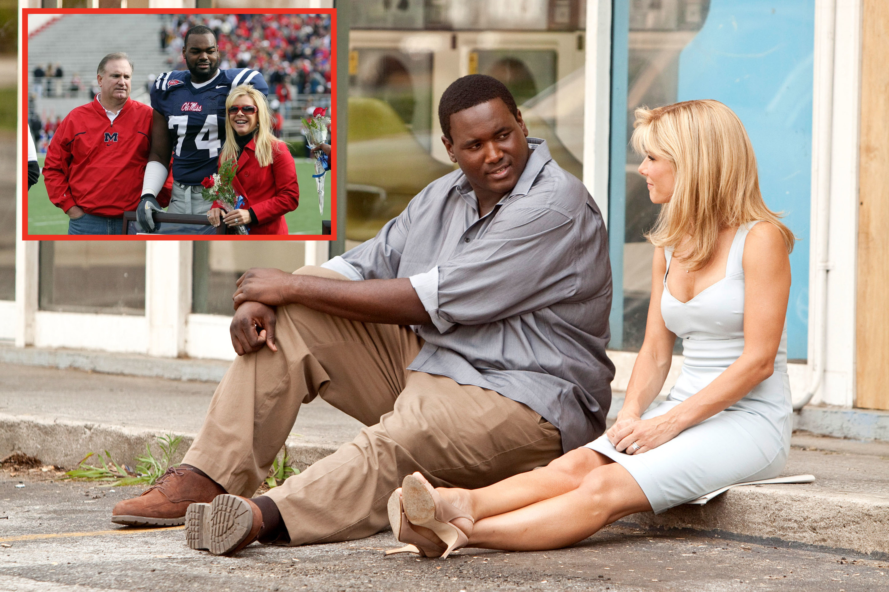 Sandra Bullock as Leigh Anne Tuohy sits next to Quinton Aaron as Michael Oher in &quot;The Blind Side&quot;