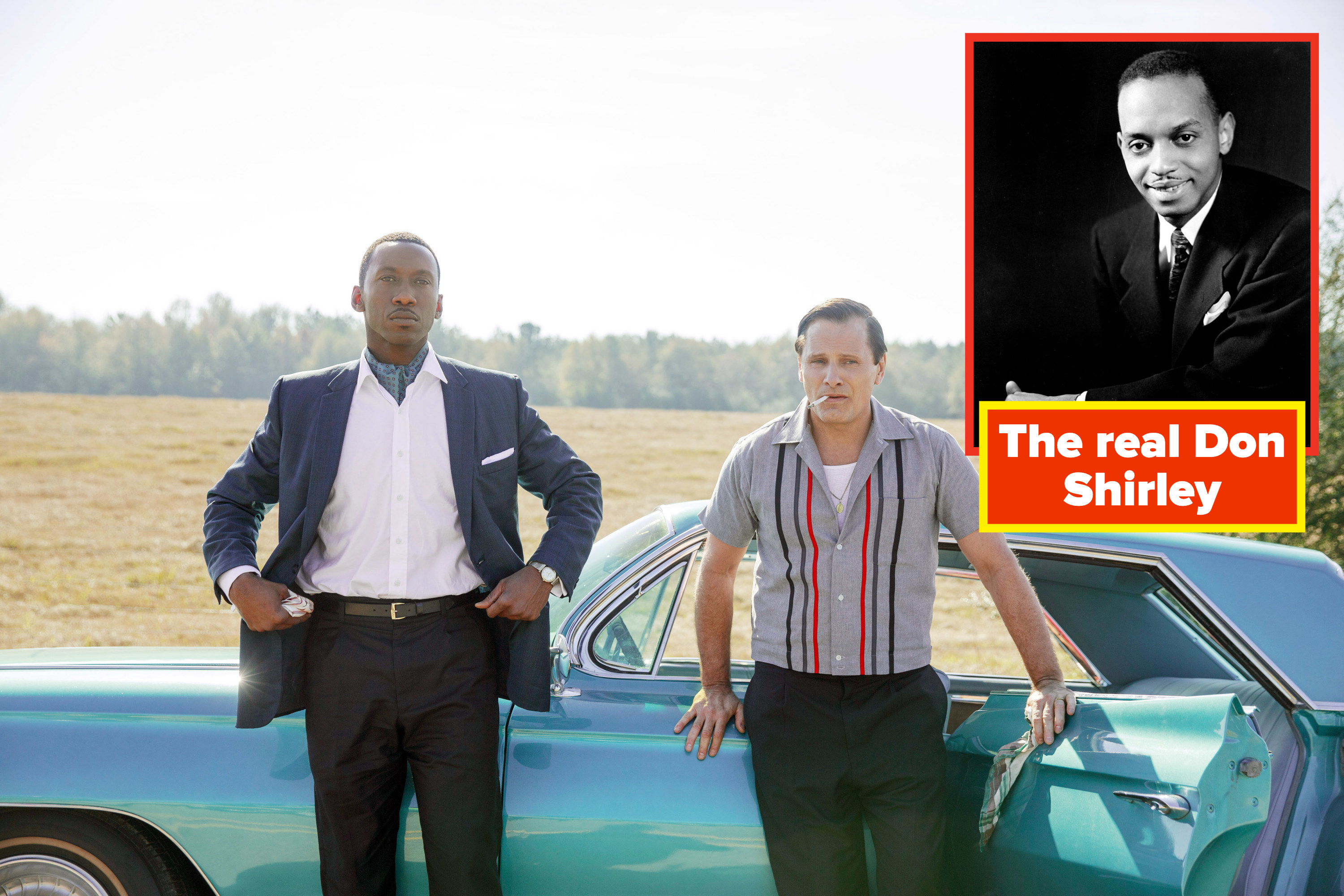 Viggo Mortensen as Tony Lip stands beside Mahershala Ali as Dr. Don Shirley in &quot;The Green Book&quot;