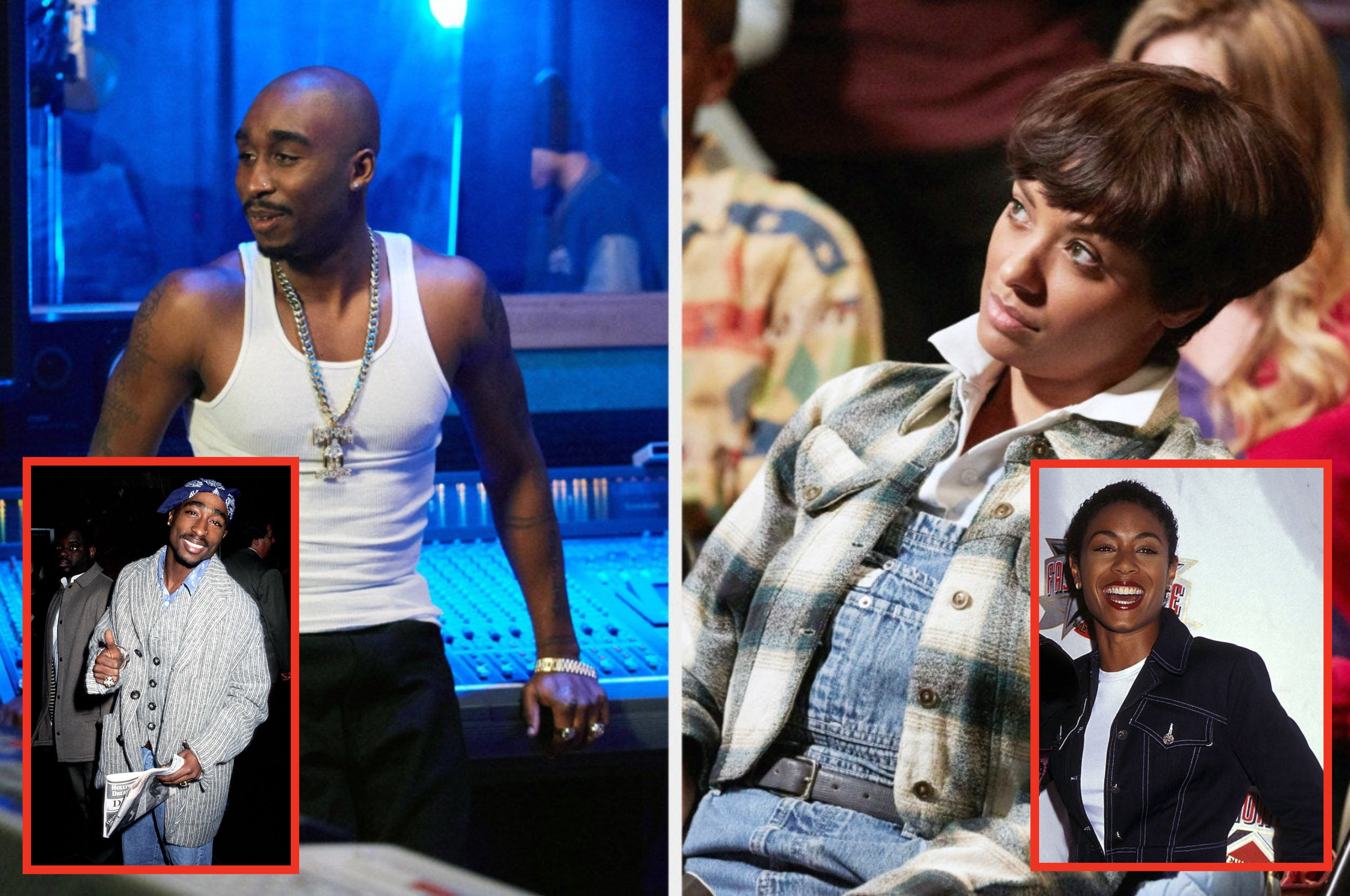 Demetrius Shipp Jr. as Tupac Shakur stands in a recording studio; Kat Graham as Jada Pinkett sits in a chair and looks up in &quot;All Eyez on Me&quot;