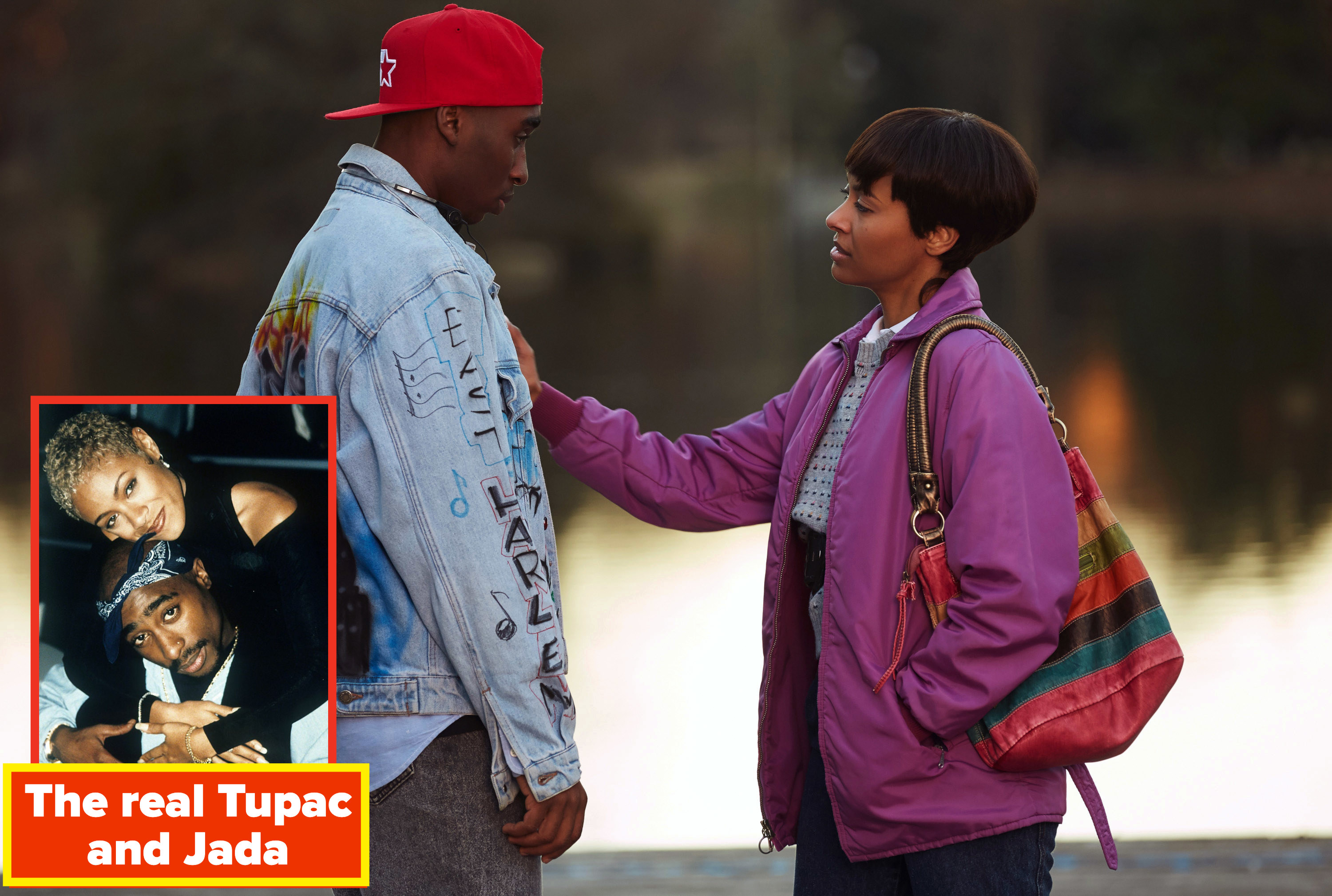 Kat Graham as Jada Pinkett puts her hand on Demetrius Shipp Jr. as Tupac Shakur in &quot;All Eyez on Me&quot;