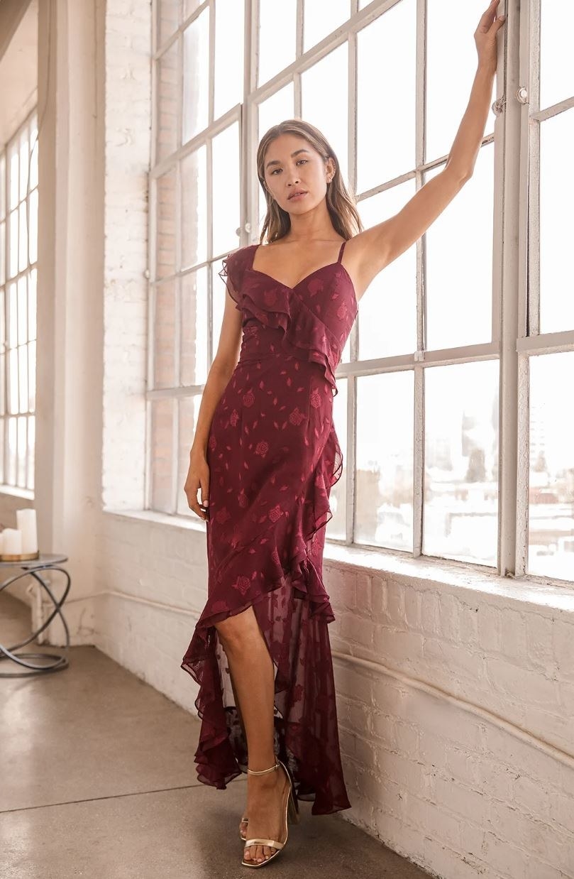 model wearing burgundy maxi dress