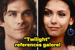 Damon and Elena; text reads "Twilight references galore!"
