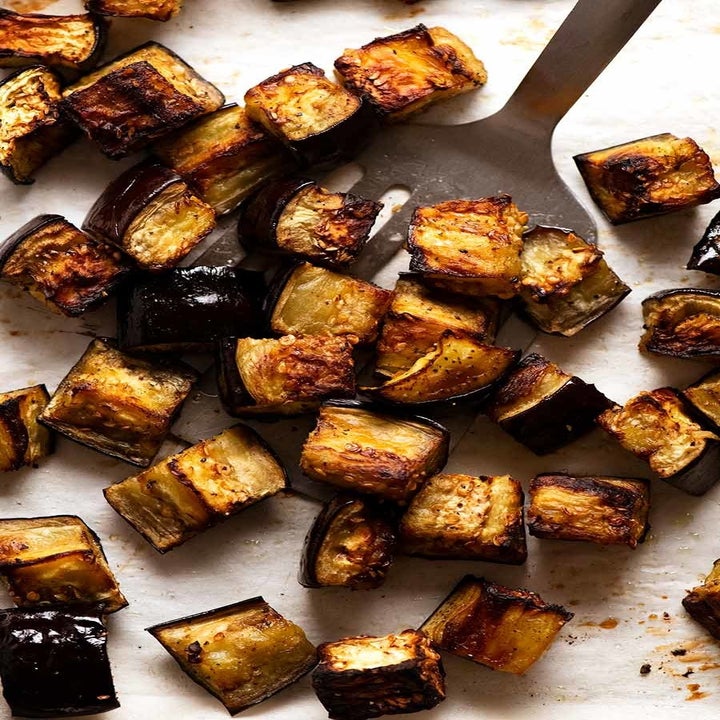 Roasted cubes of eggplant.
