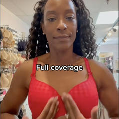 Screenshot from a video by @nicolacrookonline of her wearing a full coverage bra