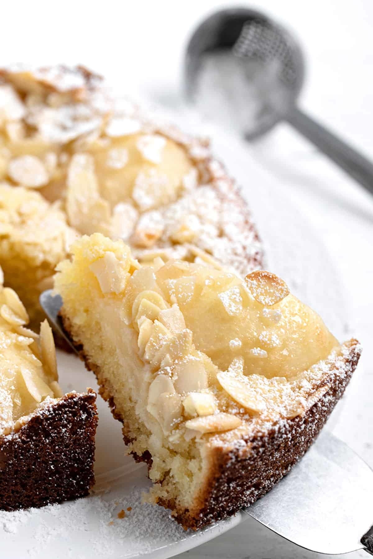 A slice of pear almond cake.
