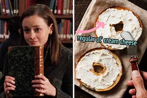 On the left, Rory from Gilmore Girls smiling while holding a book, and on the right, a bagel with cream cheese on it with an arrow pointing to it and regular ol' cream cheese typed next to it