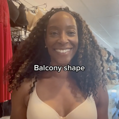 Screenshot from a video by TikTok user @nicolacrookonline of her wearing a balcony shaped bra