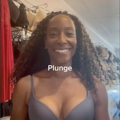 Screenshot from a video by TikTok user @nicolacrookonline of her wearing a plunge bra