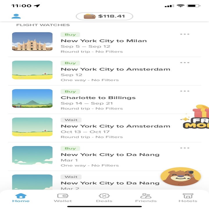 screen grab of Hopper app with flights being watched listed