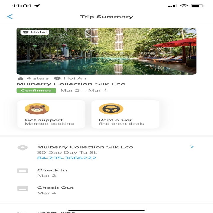 screen grab of hotel confirmation on the Hopper app