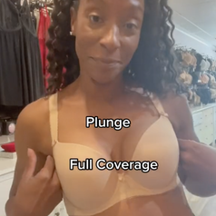 Screenshot of a video by TikTok user @nicolacrookonline of her wearing a full coverage plunge bra