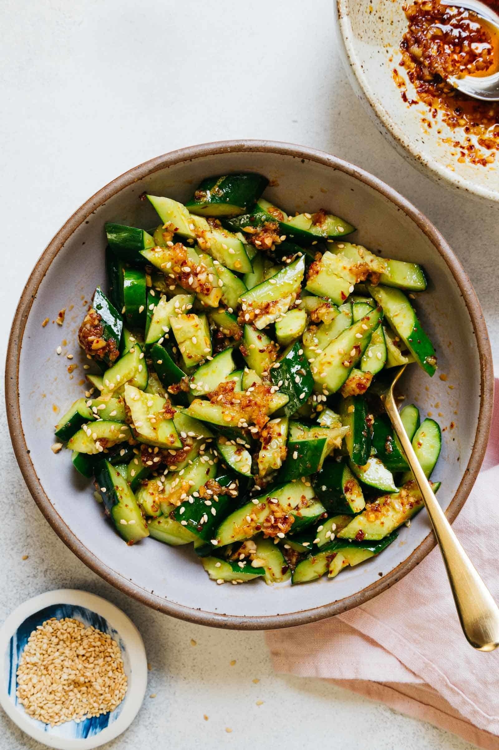 Smashed cucumbers dressed with crunchy chili oil.