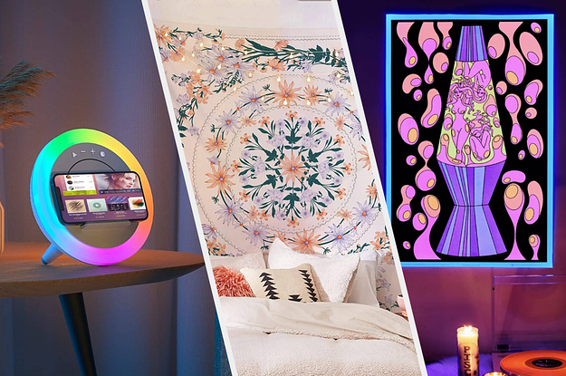 a light up phone stand, a tapestry behind a bed and a blacklight poster