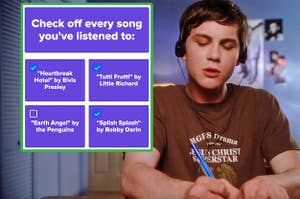 Charlie from The Perks of Being a Wallflower wearing headphones next to a screenshot of the question check off every song you've listened to