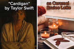 Taylor Swift is in a sweater labeled, "Cardigan by Taylor Swift" with candles by the window labeled, "as Caramel Brulee Latte"