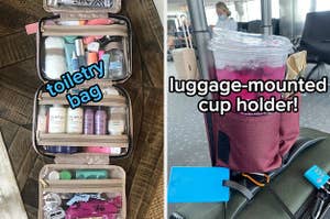 reviewer photo of toiletries inside organizer / reviewer photo of luggage cup holder