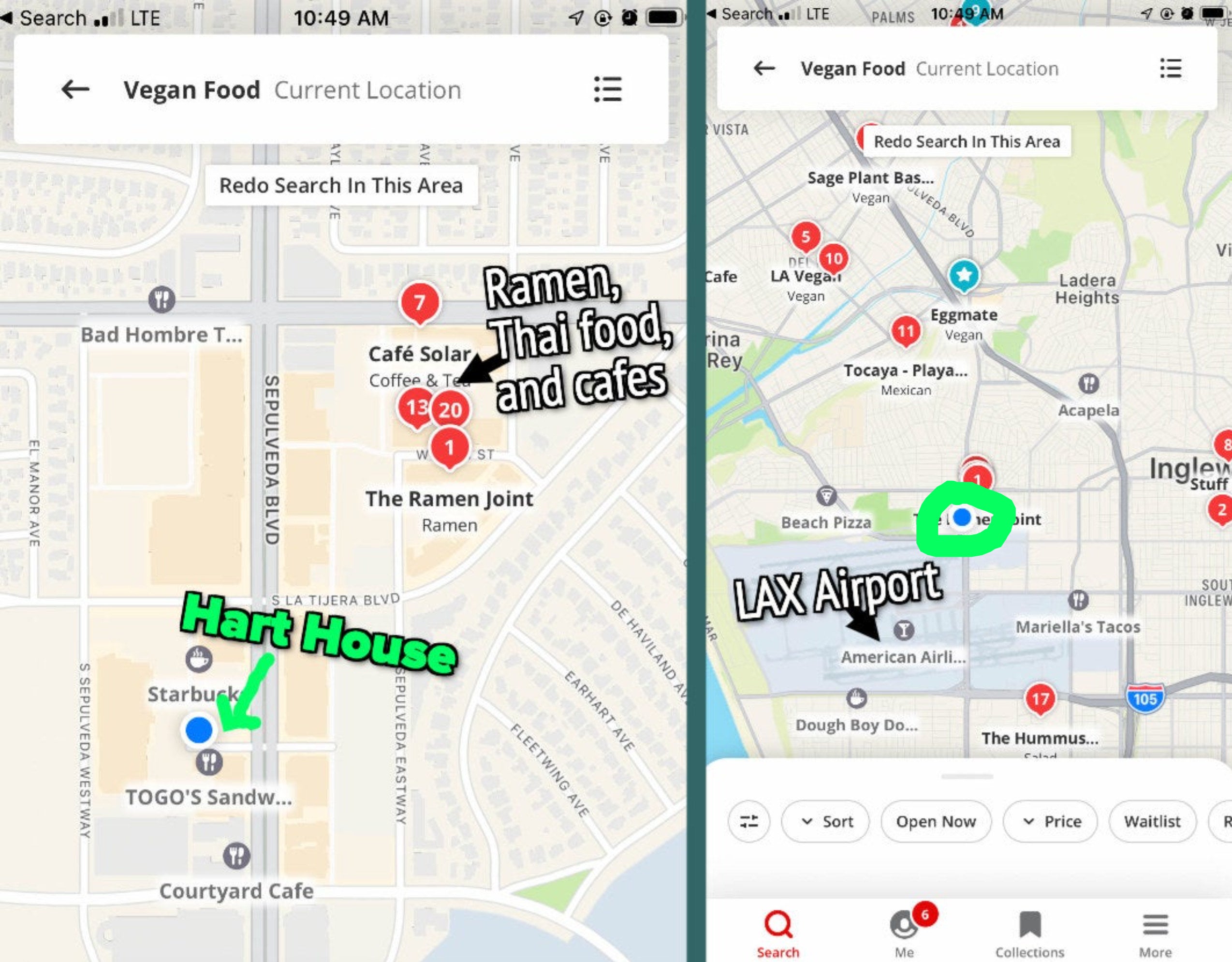 yelp search of vegan food around the hart house location