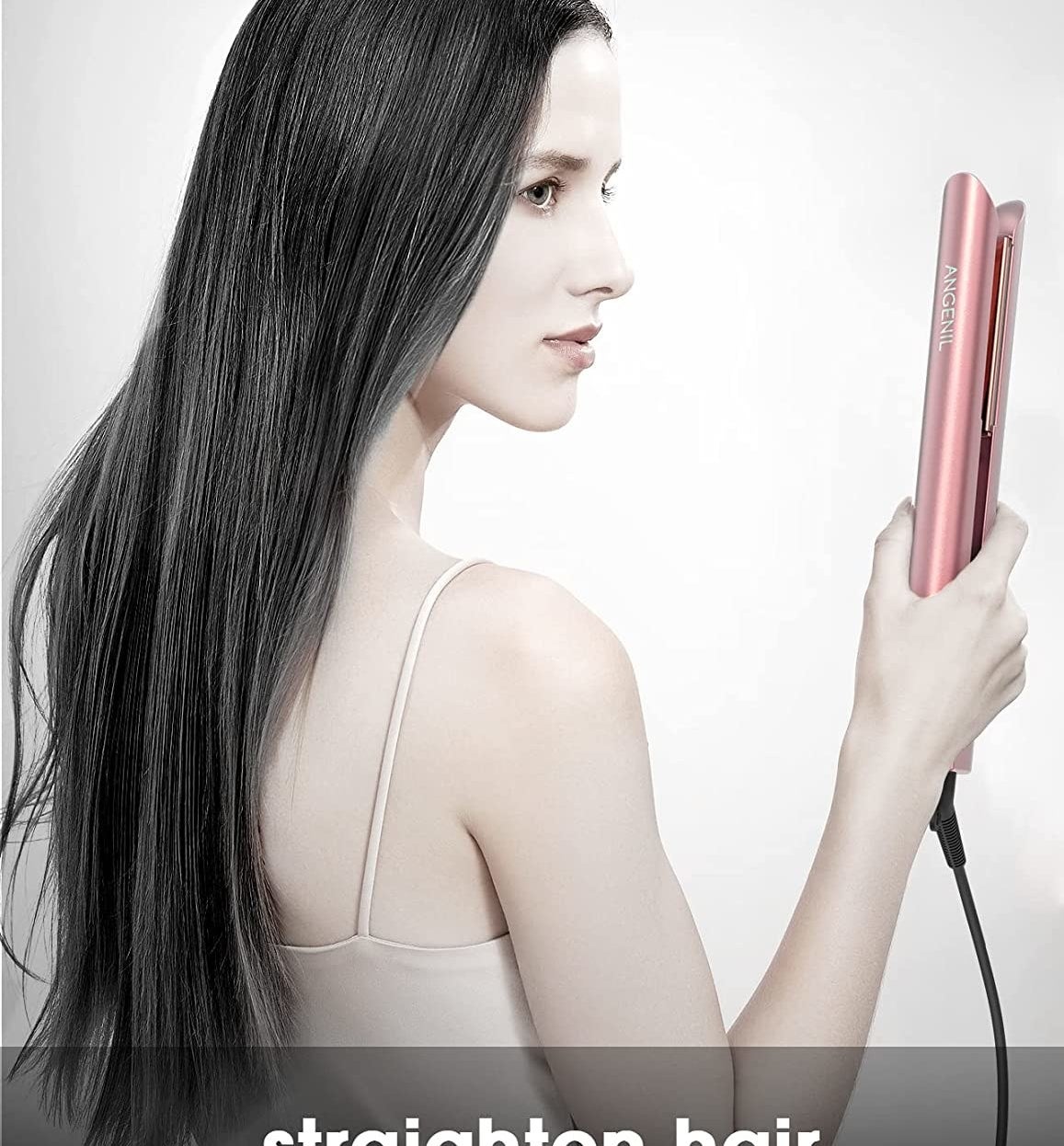 A person holding a hair straightener