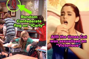 random confederate flag on "icarly" and cat on victorious squeezing a potato with her mouth open captioned allll the times cat was sexualized on 'victorious'"