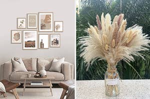 gallery wall above couch and pampas grass