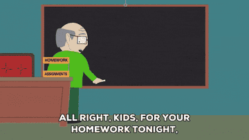 Teacher from &quot;Southpark&quot; animated series writing at a blackboard and saying &quot;All right, kids, for your homework tonight, I want you to read Chapter 7&quot;