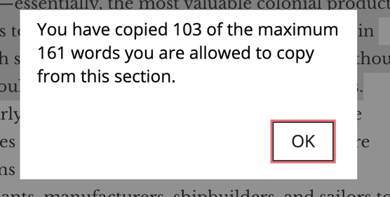 alert saying the person has copied 103 of the max 161 words allowed to be copied