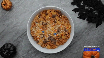 A GIF of a top down recipe making Halloween rice treats