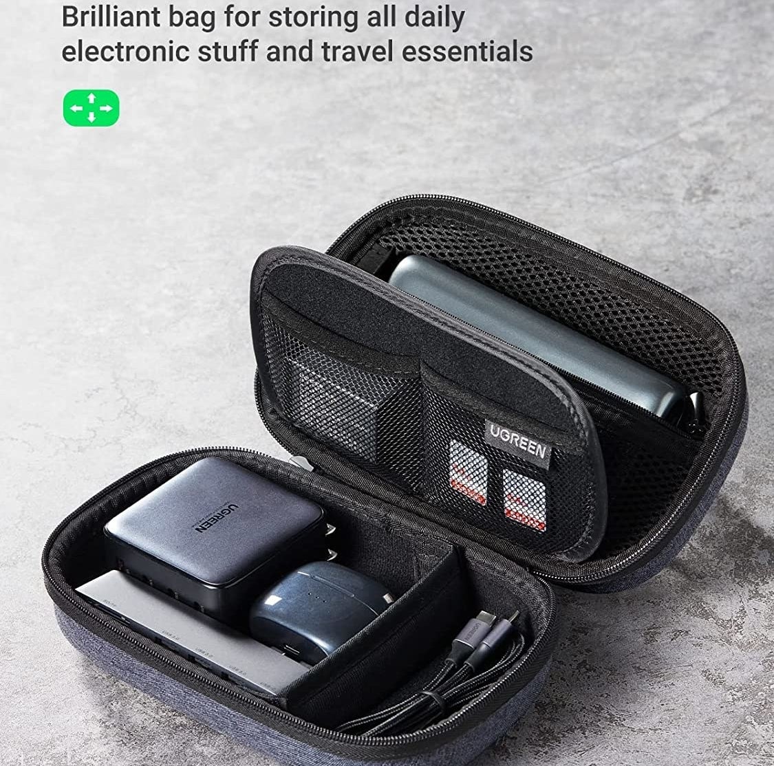 The pouch open and displaying electronic accessories